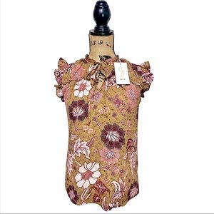 NWT Joie Flutter Sleeve, Tie Mock Neck Top w Keyhole Detail. Size Small. Floral